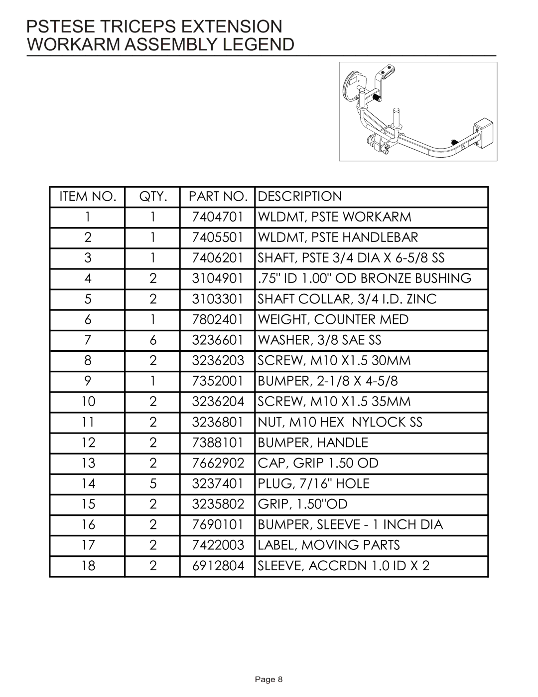 Life Fitness PSTESE manual Pstese Triceps Extension Workarm Assembly Legend 