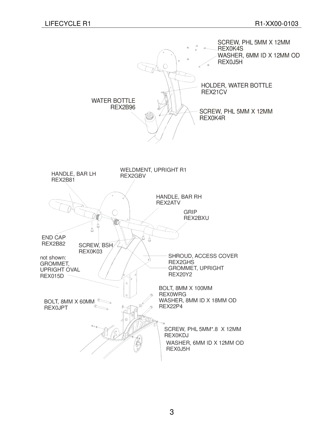 Life Fitness R1-XX00-0103 manual Water Bottle REX2B96 