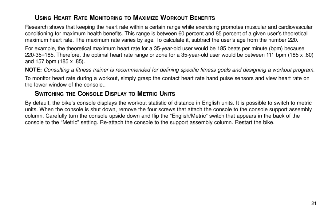Life Fitness R15 Using Heart Rate Monitoring to Maximize Workout Benefits, Switching the Console Display to Metric Units 