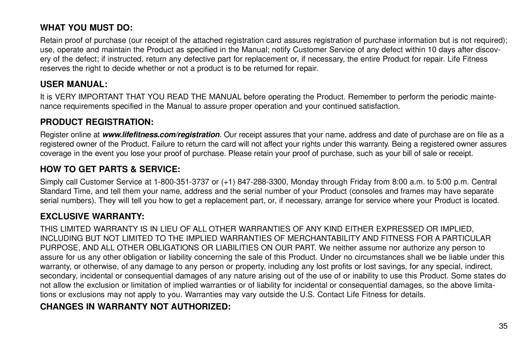 Life Fitness R15 user manual Changes in Warranty not Authorized 