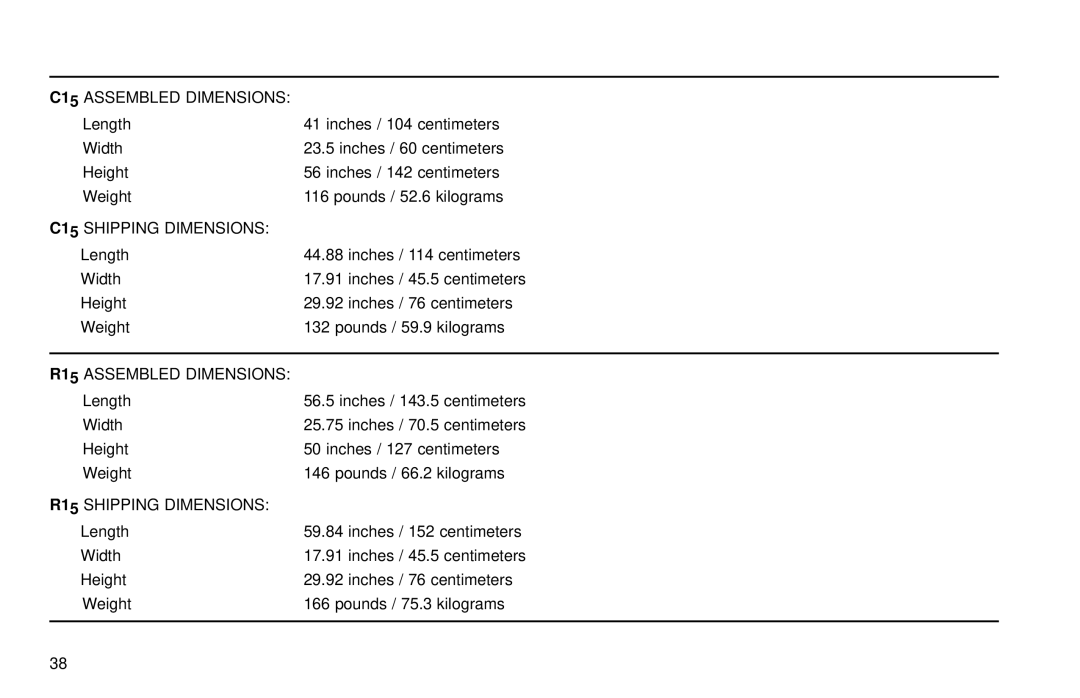 Life Fitness R15 user manual C15 Assembled Dimensions 