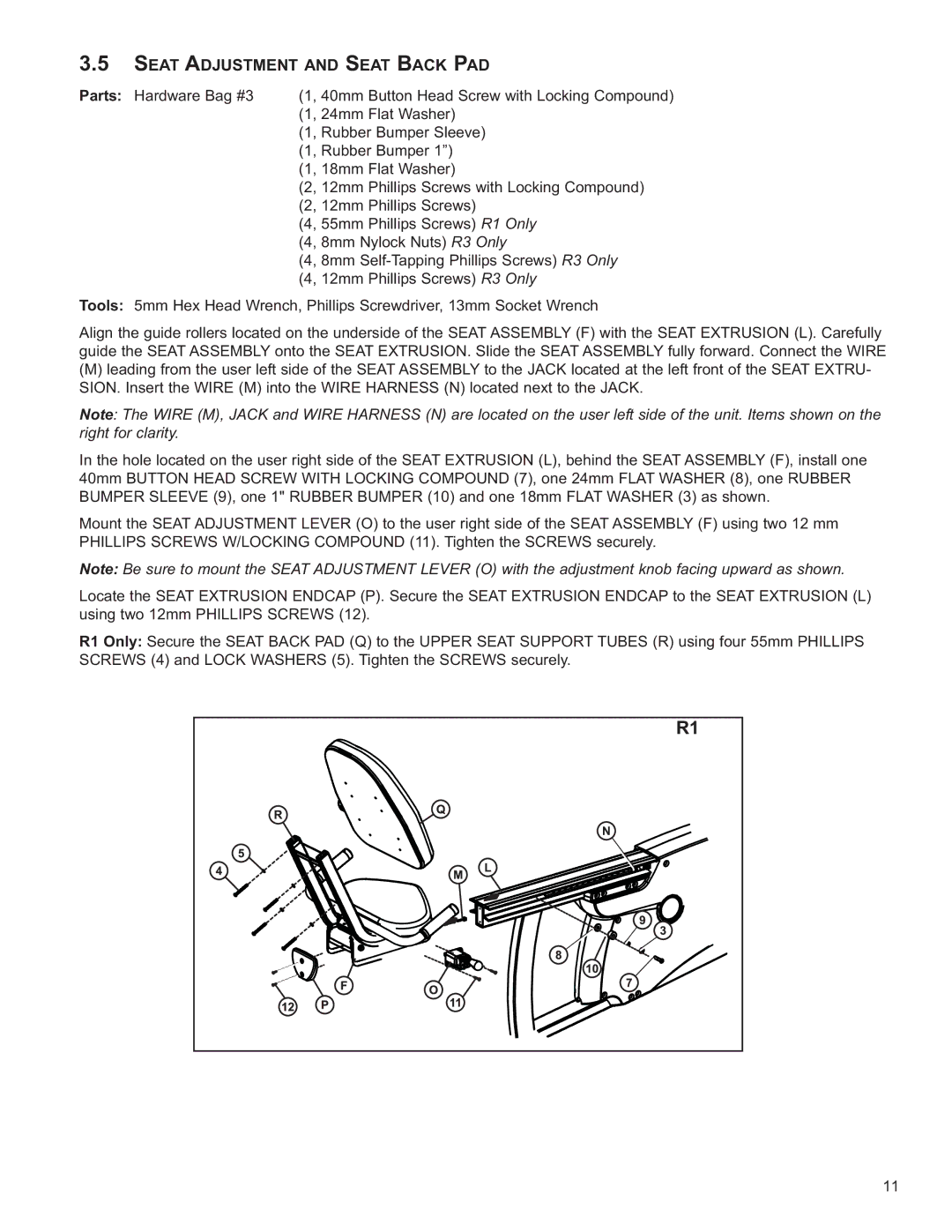 Life Fitness R3 owner manual Seat Adjustment and Seat Back PAD 