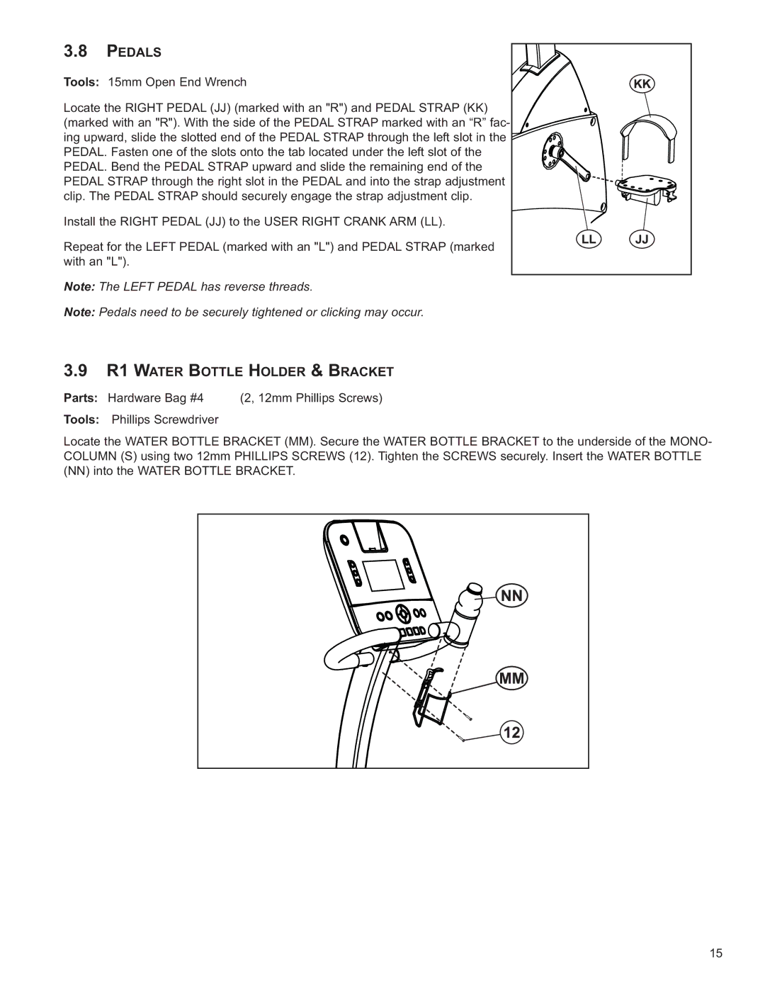 Life Fitness R3 owner manual Pedals, R1 Water Bottle Holder & Bracket 