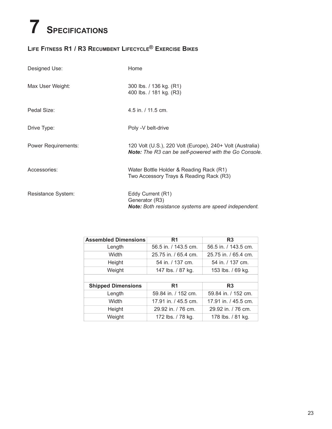 Life Fitness R3 owner manual Specifications, Assembled Dimensions 