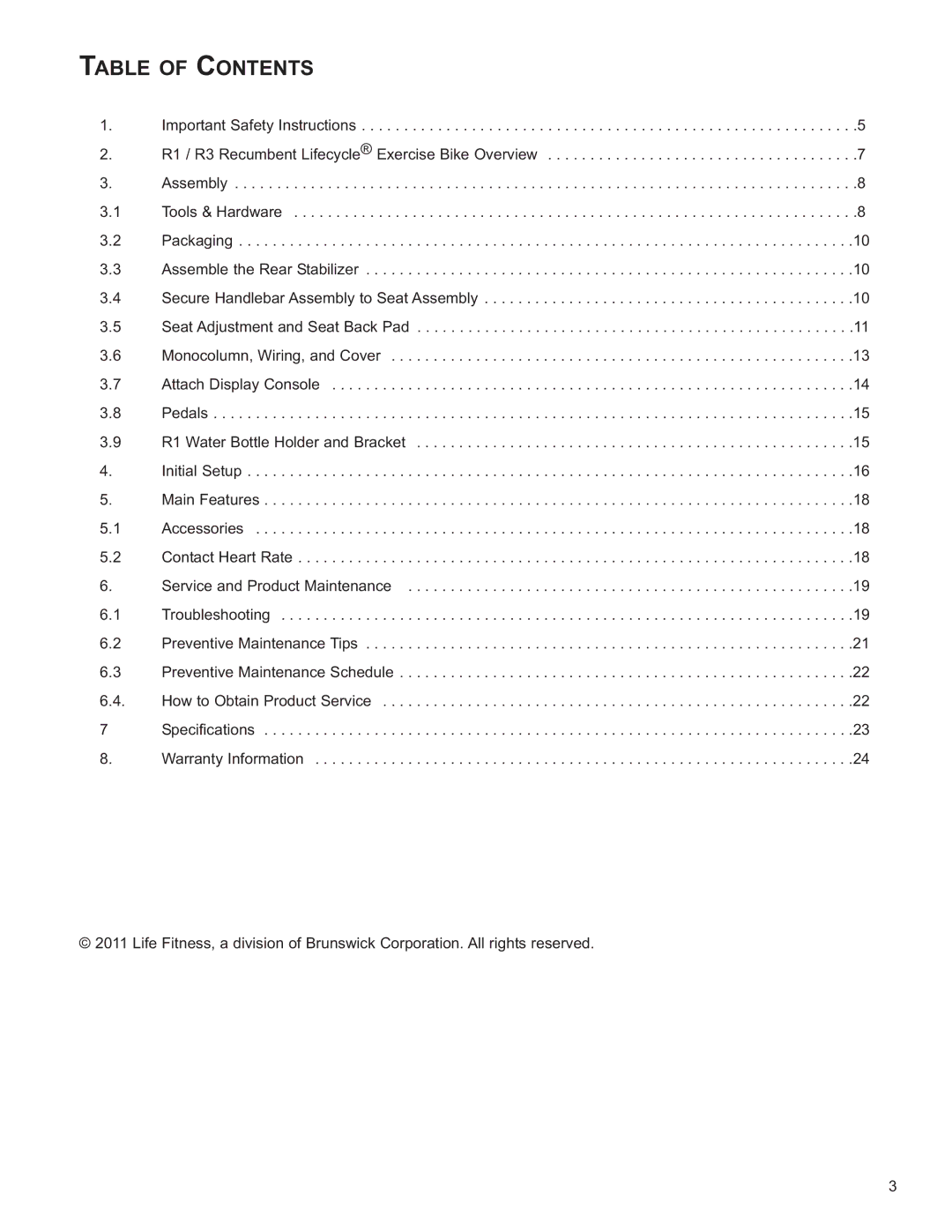 Life Fitness R3 owner manual Table of Contents 