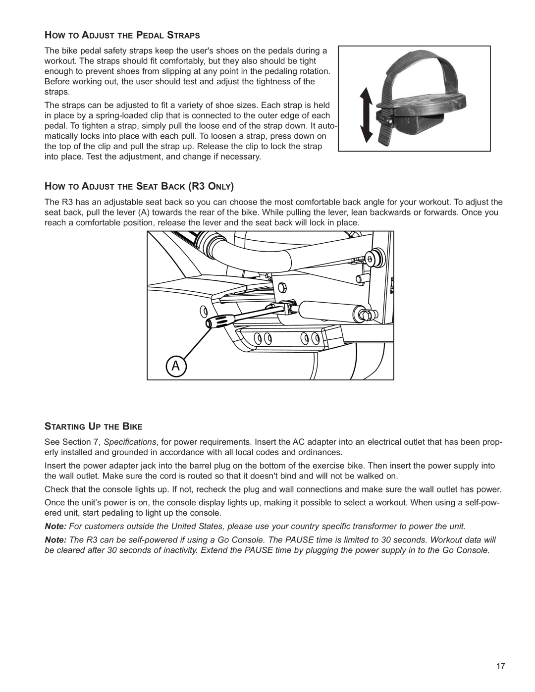 Life Fitness owner manual How To Adjust The Pedal Straps, HOW TO ADJUST THE SEAT BACK R3 ONLY, Starting Up The Bike 