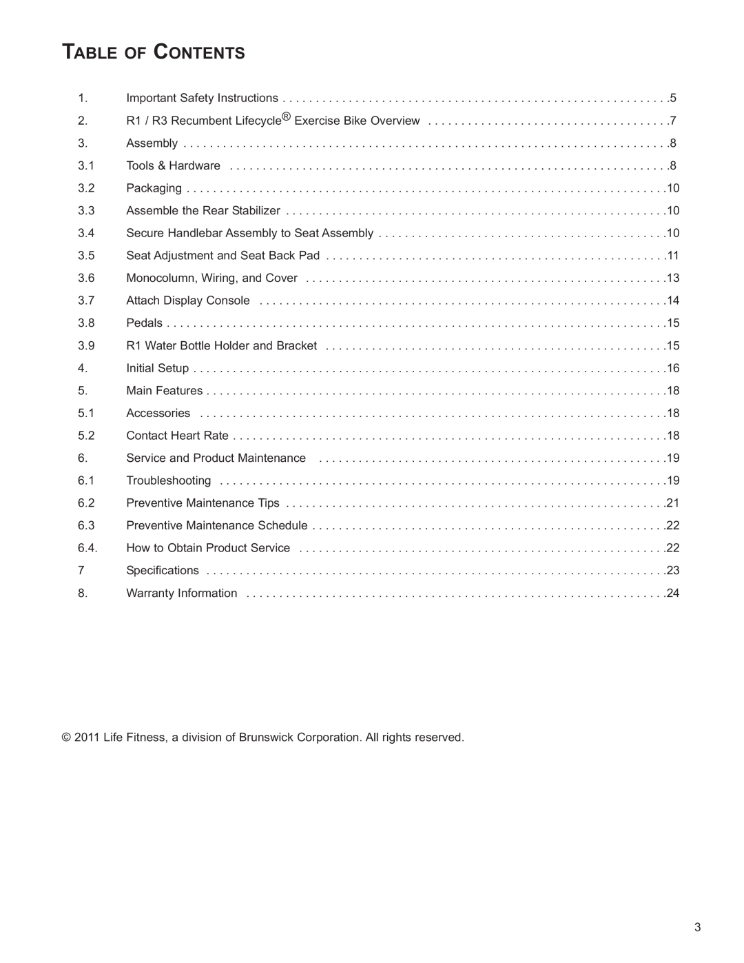 Life Fitness R3 owner manual Table Of Contents 