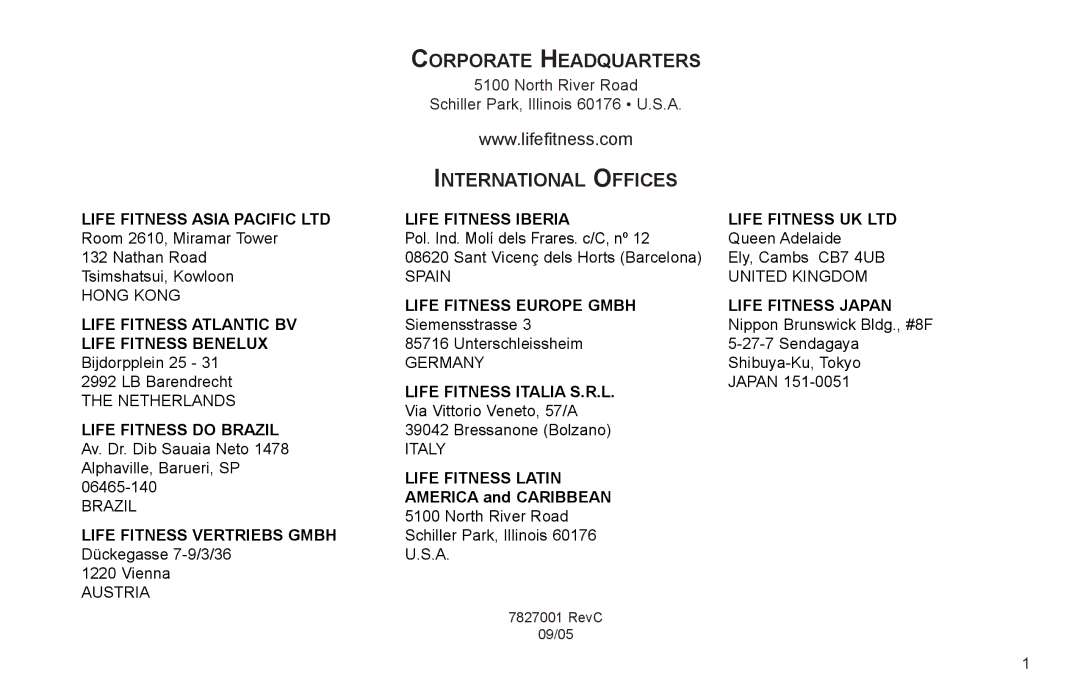 Life Fitness R35 user manual Corporate Headquarters, International Offices 