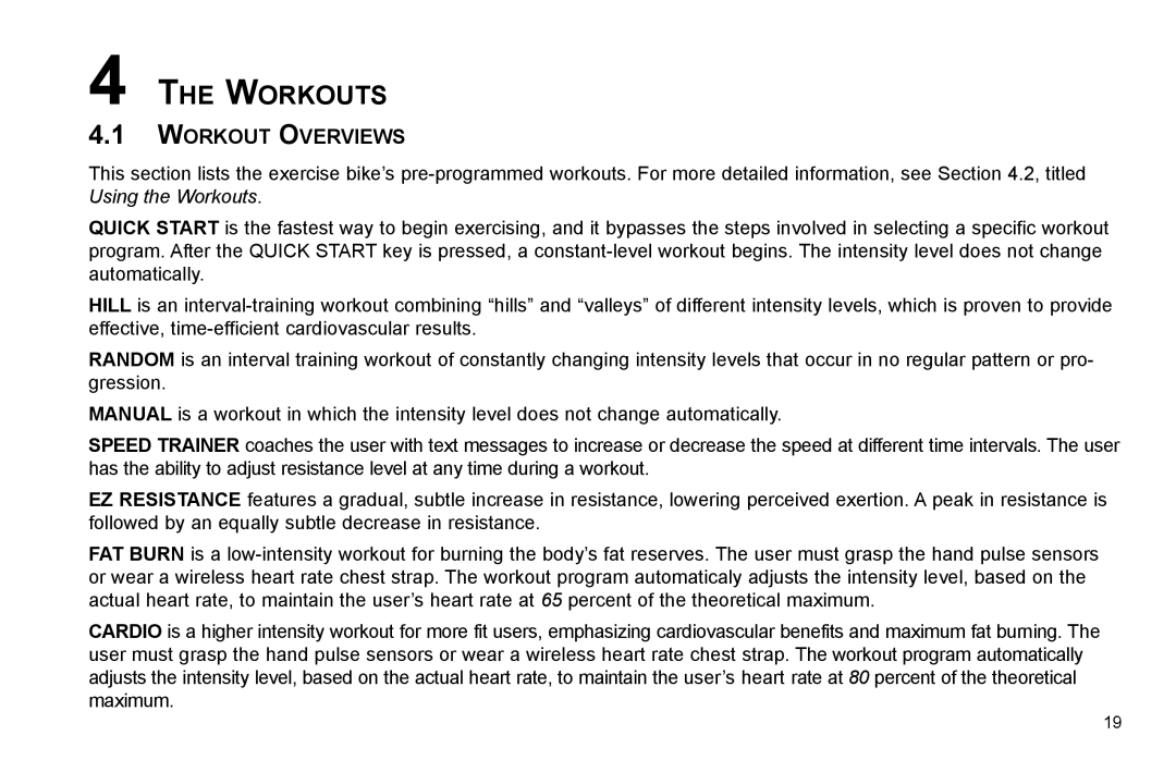 Life Fitness R35 user manual Workouts, Workout Overviews 