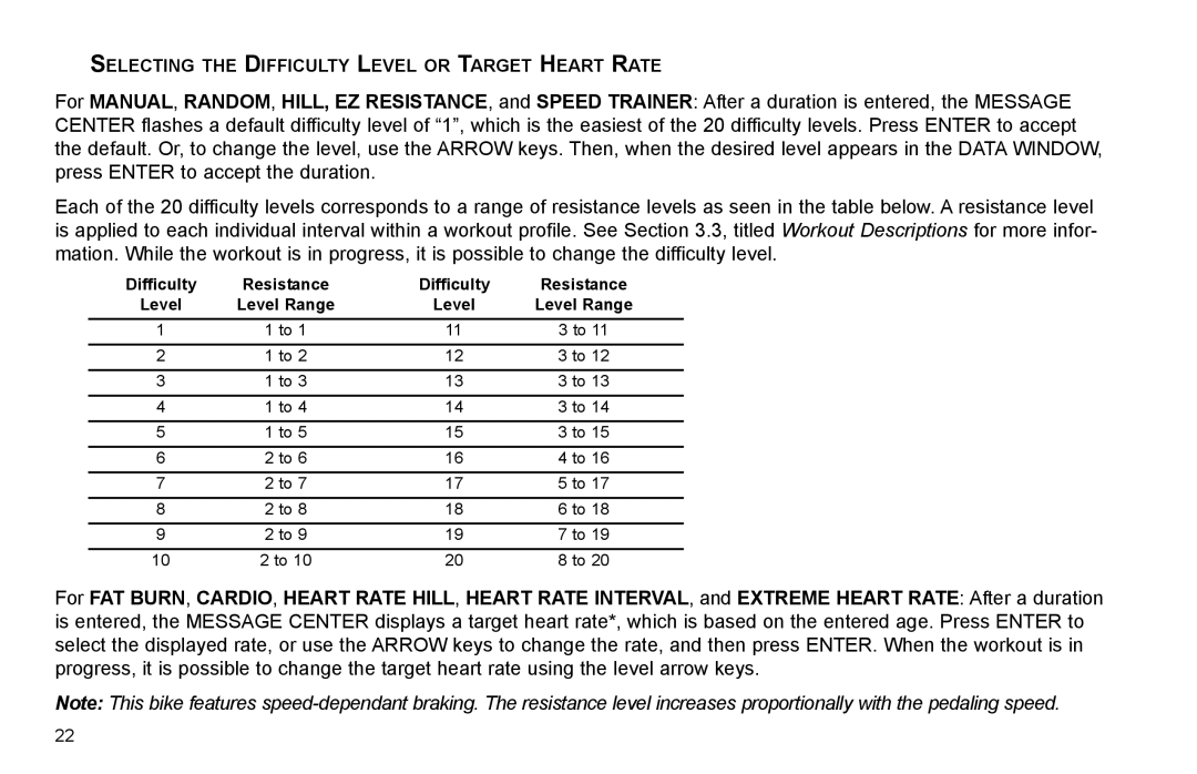 Life Fitness R35 user manual Selecting the Difficulty Level or Target Heart Rate 