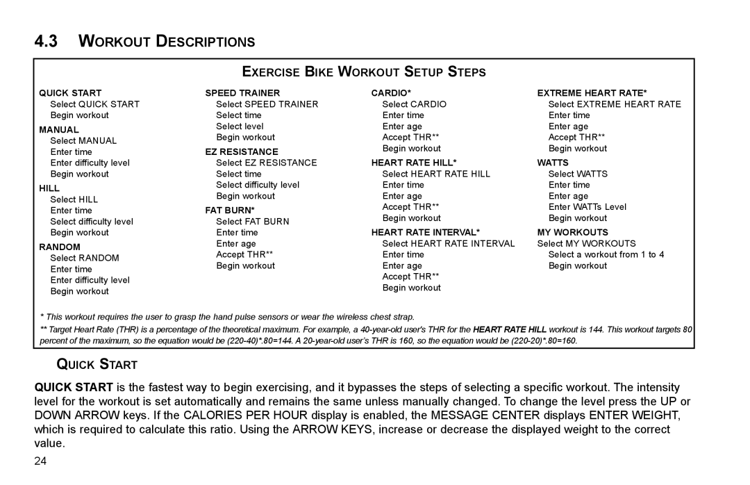 Life Fitness R35 user manual Workout Descriptions, Exercise Bike Workout Setup Steps 