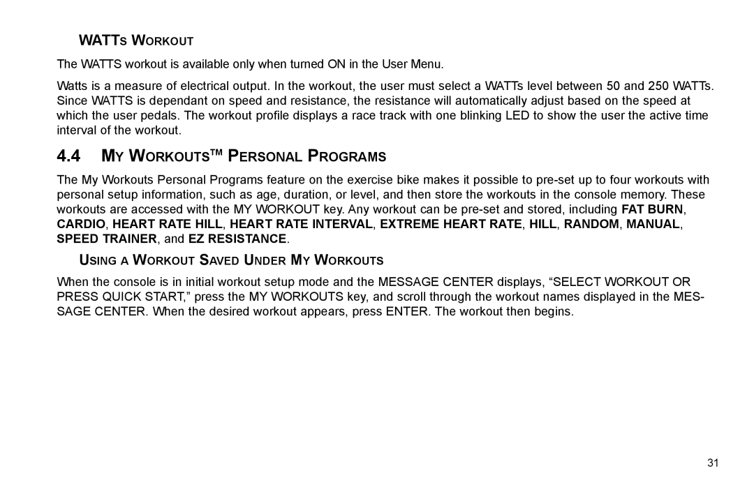 Life Fitness R35 user manual MY Workoutstm Personal Programs 