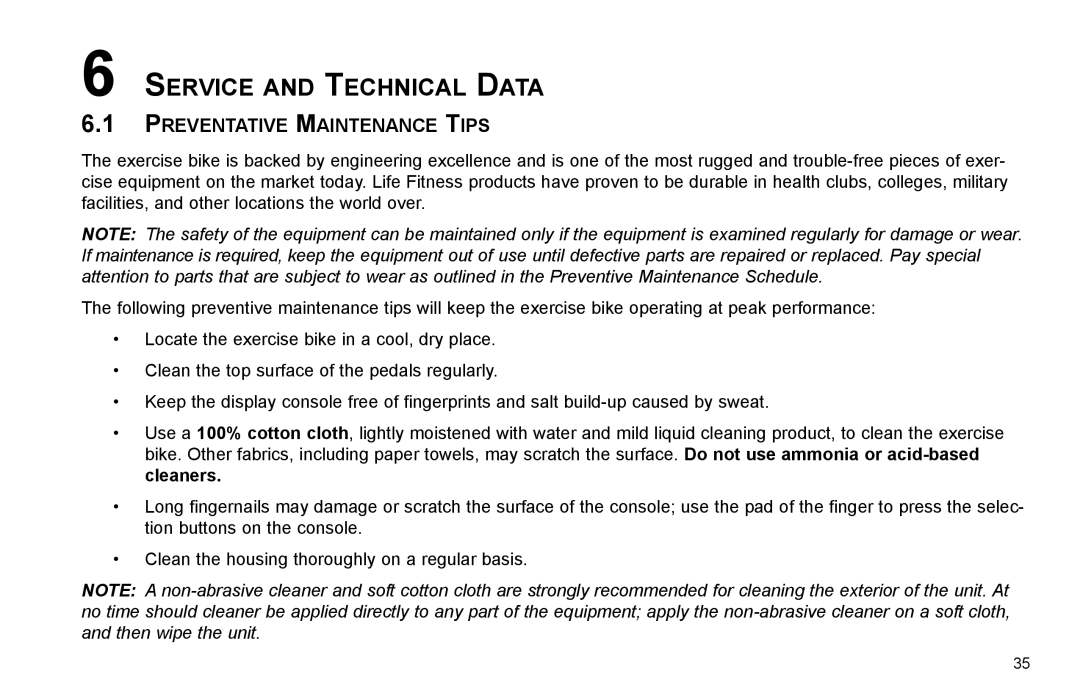 Life Fitness R35 user manual Service and Technical Data, Preventative Maintenance Tips 