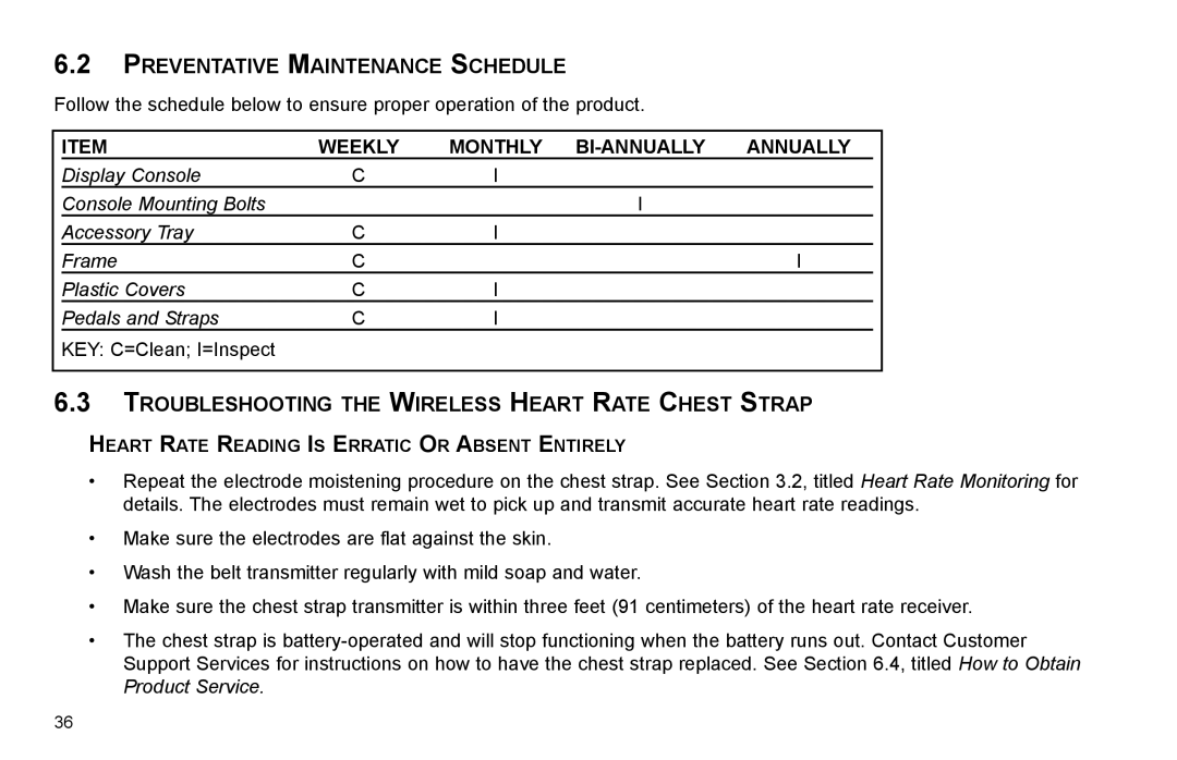 Life Fitness R35 user manual Preventative Maintenance Schedule, Troubleshooting the Wireless Heart Rate Chest Strap 