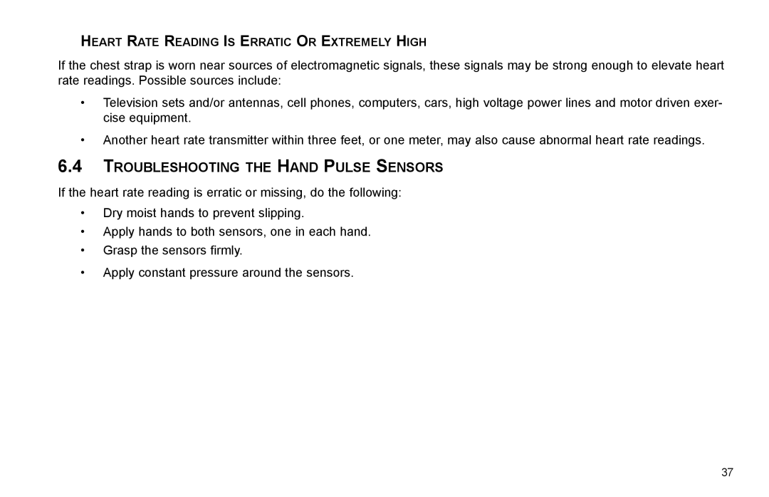 Life Fitness R35 user manual Troubleshooting the Hand Pulse Sensors 