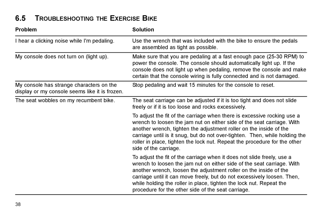 Life Fitness R35 user manual Troubleshooting the Exercise Bike, Problem Solution 