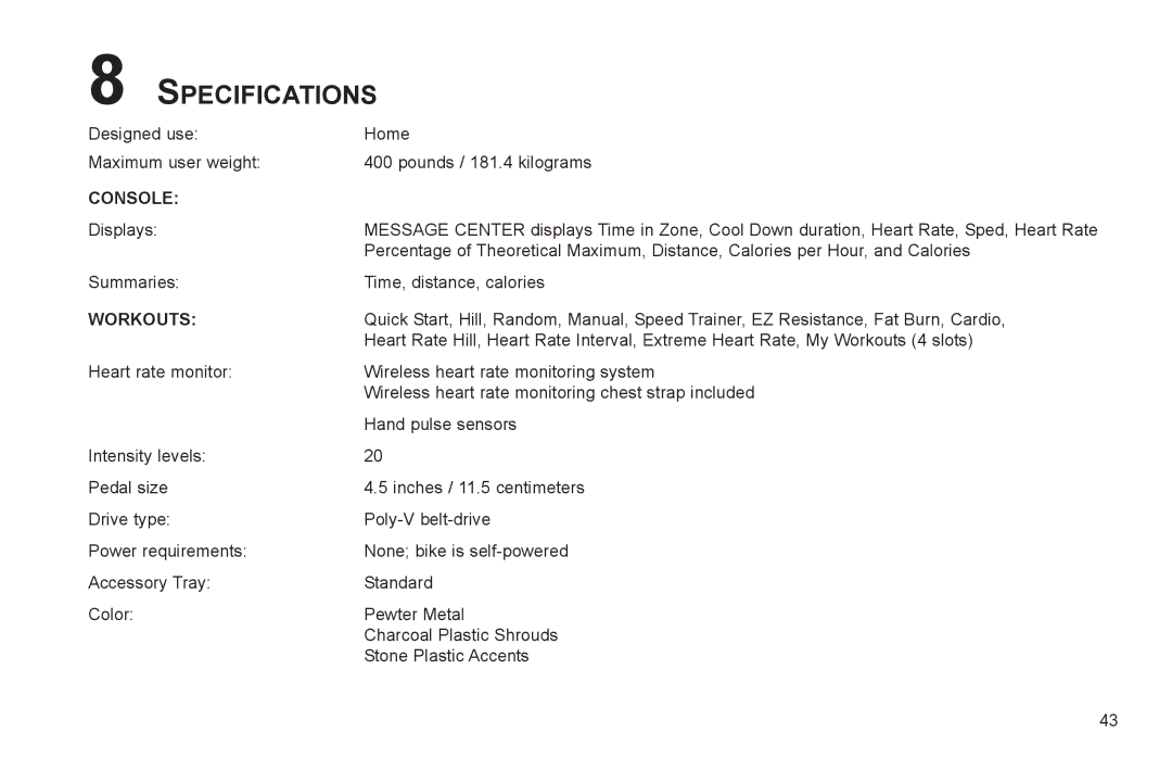 Life Fitness R35 user manual Specifications, Console 