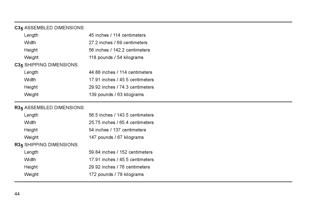Life Fitness R35 user manual C35 Assembled Dimensions 