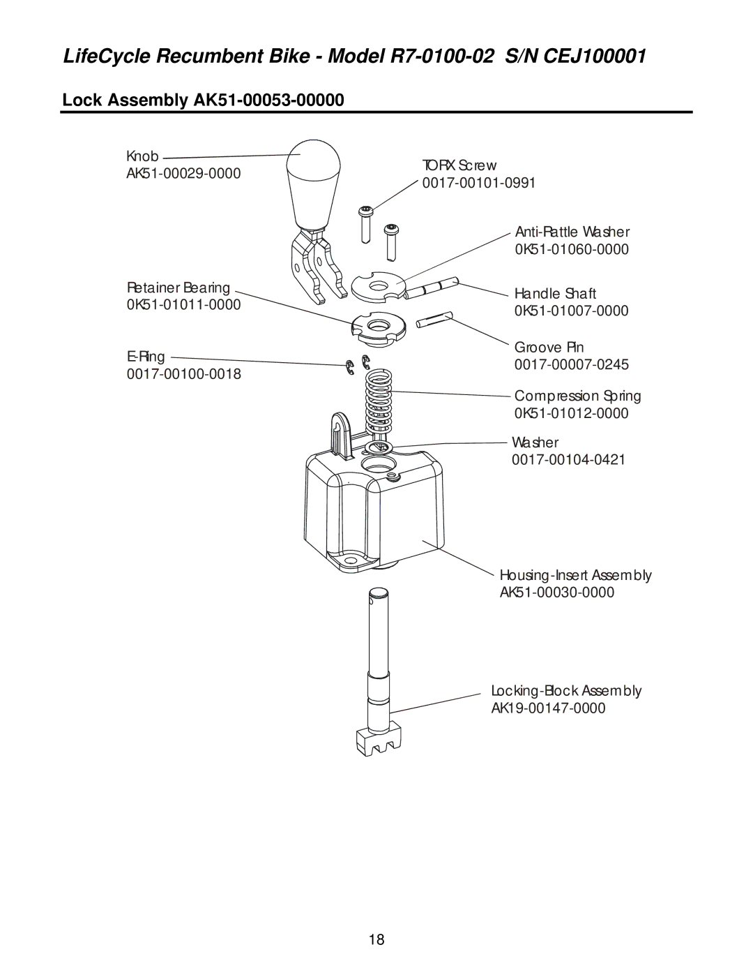 Life Fitness R7-0100-02 operation manual Lock Assembly AK51-00053-00000 