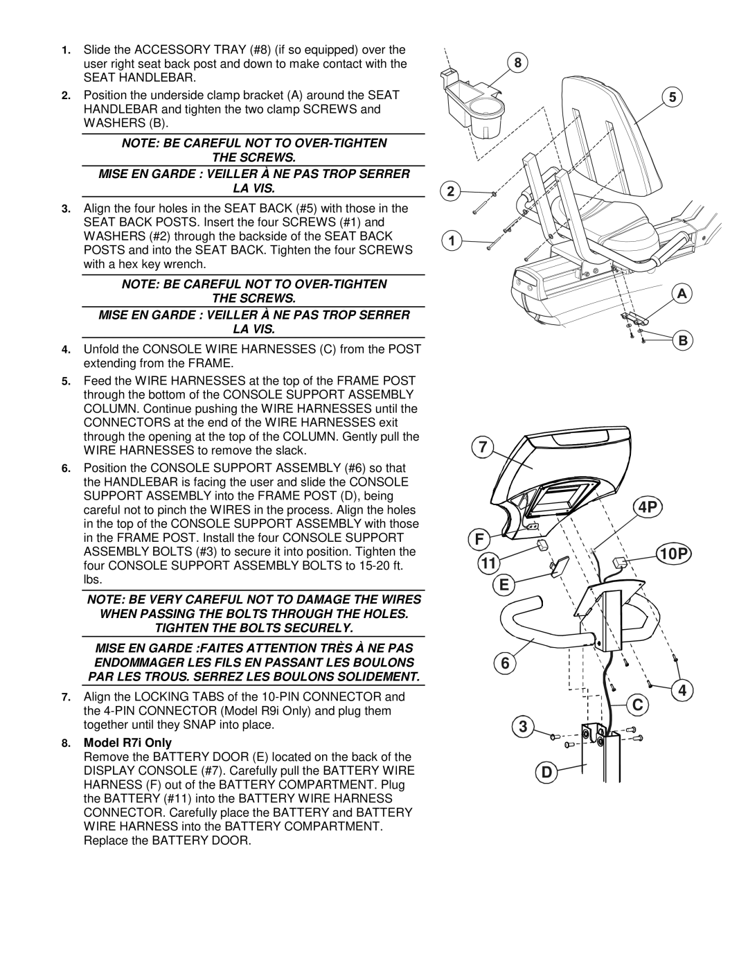 Life Fitness R9i, R7i manual Seat Handlebar, Screws Mise EN Garde Veiller À NE PAS Trop Serrer LA VIS 