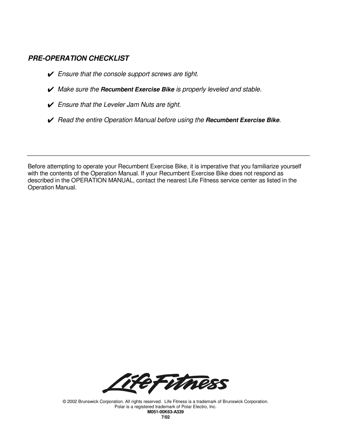 Life Fitness R9i, R7i manual PRE-OPERATION Checklist 