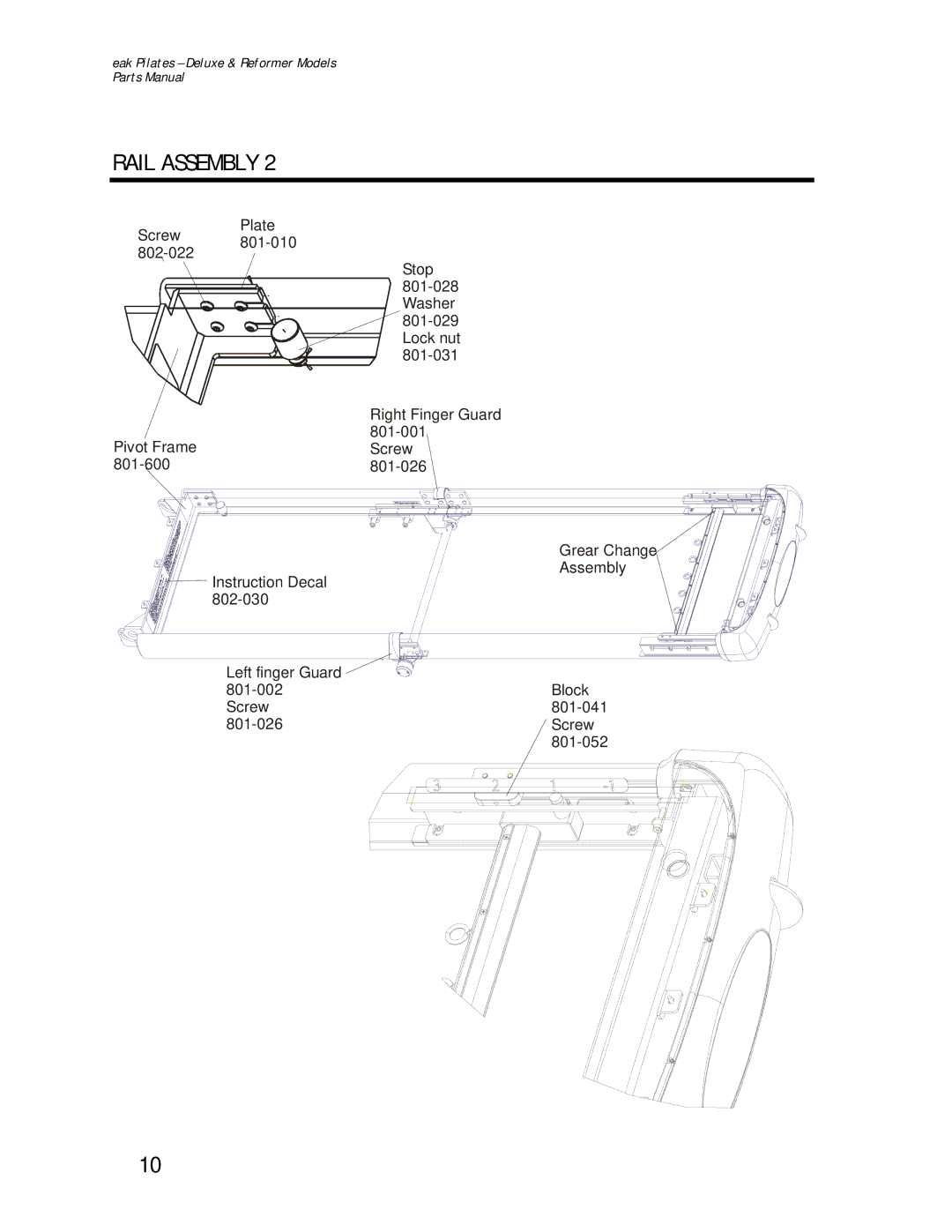 Life Fitness Reformer, Deluxe manual Rail Assembly 