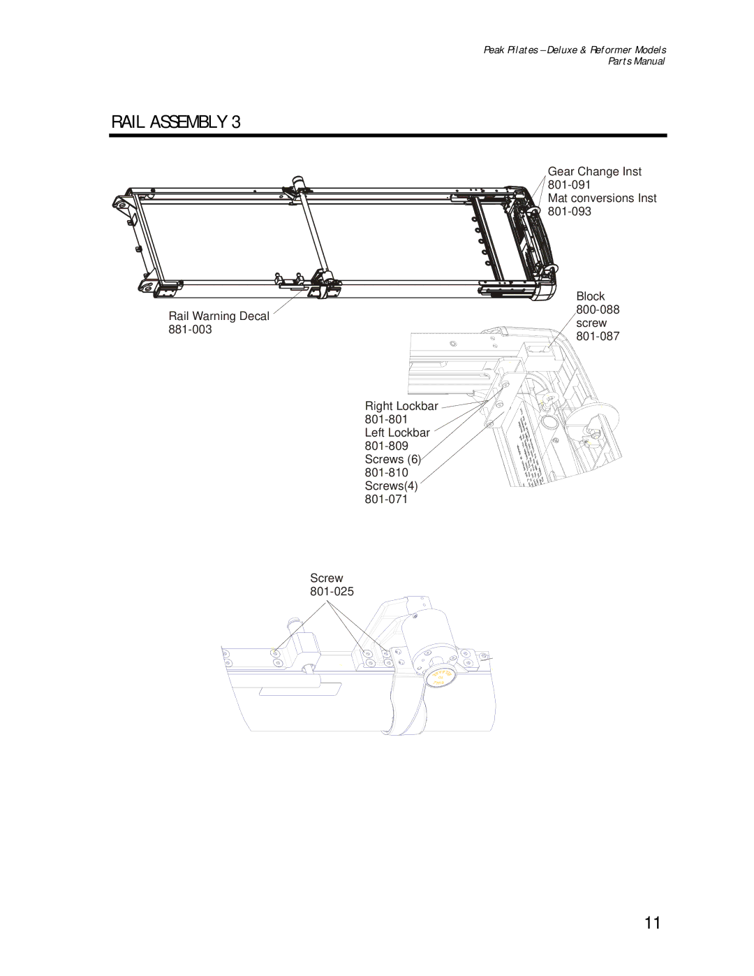 Life Fitness Deluxe, Reformer manual Rail Assembly 