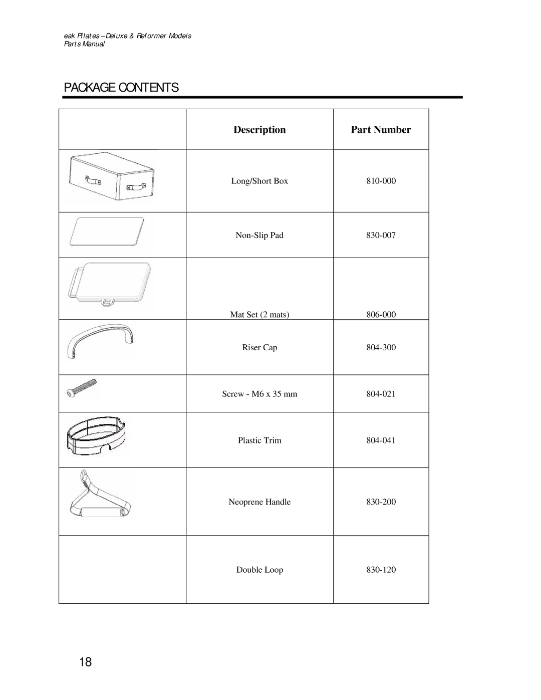 Life Fitness Reformer, Deluxe manual Package Contents 