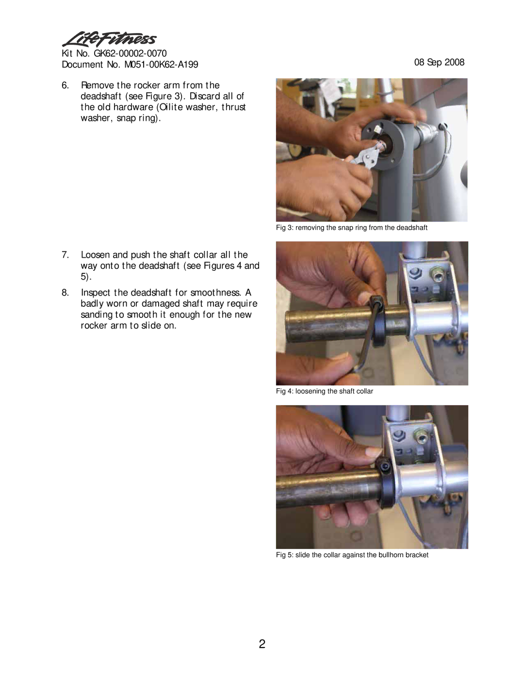 Life Fitness Rocker Arm Kit manual Removing the snap ring from the deadshaft 