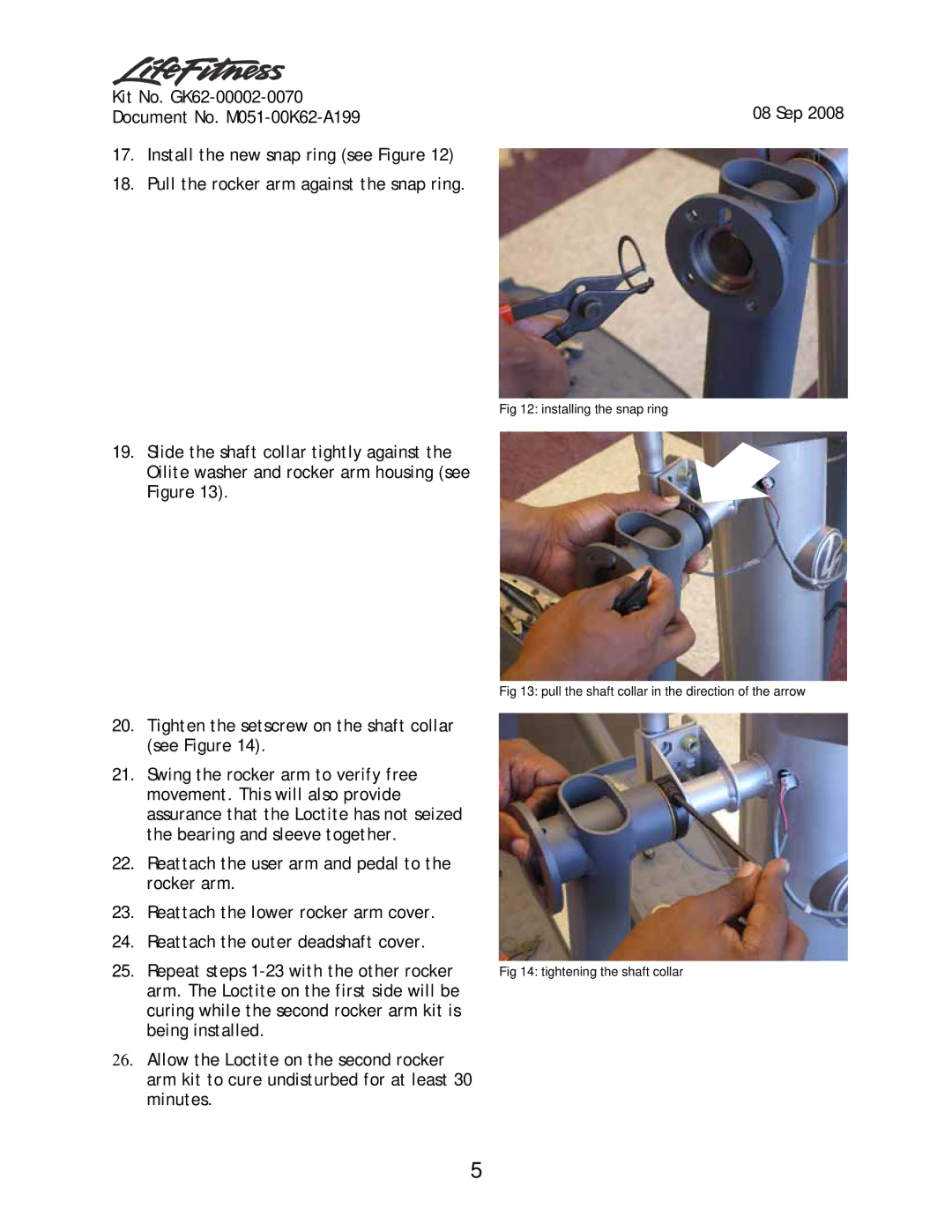 Life Fitness Rocker Arm Kit manual Installing the snap ring 