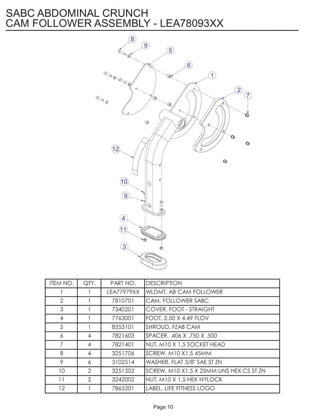 Life Fitness SABC manual Sabc Abdominal Crunch CAM Follower Assembly LEA78093XX 