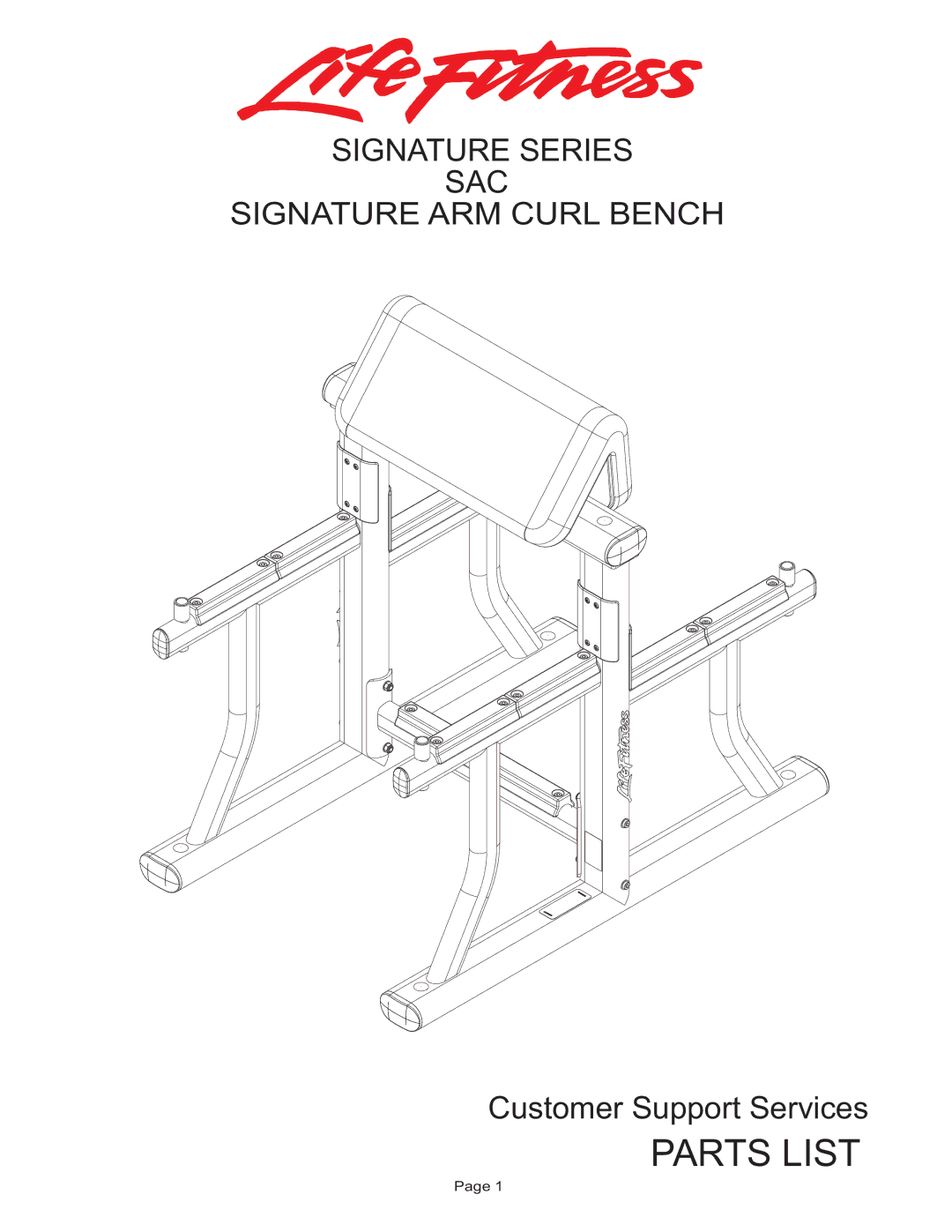 Life Fitness manual Parts List, Signature Series SAC Signature ARM Curl Bench 