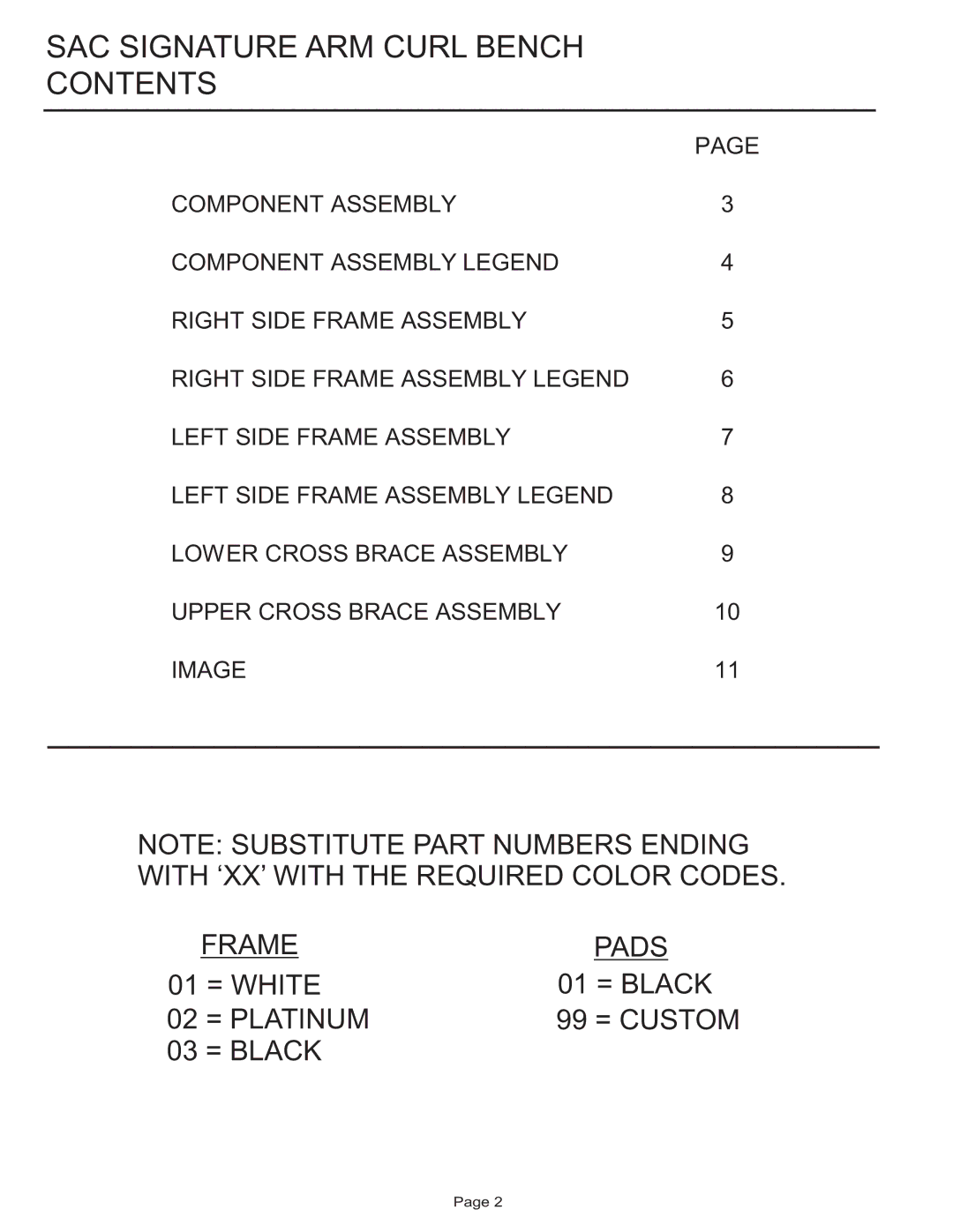 Life Fitness manual SAC Signature ARM Curl Bench Contents 