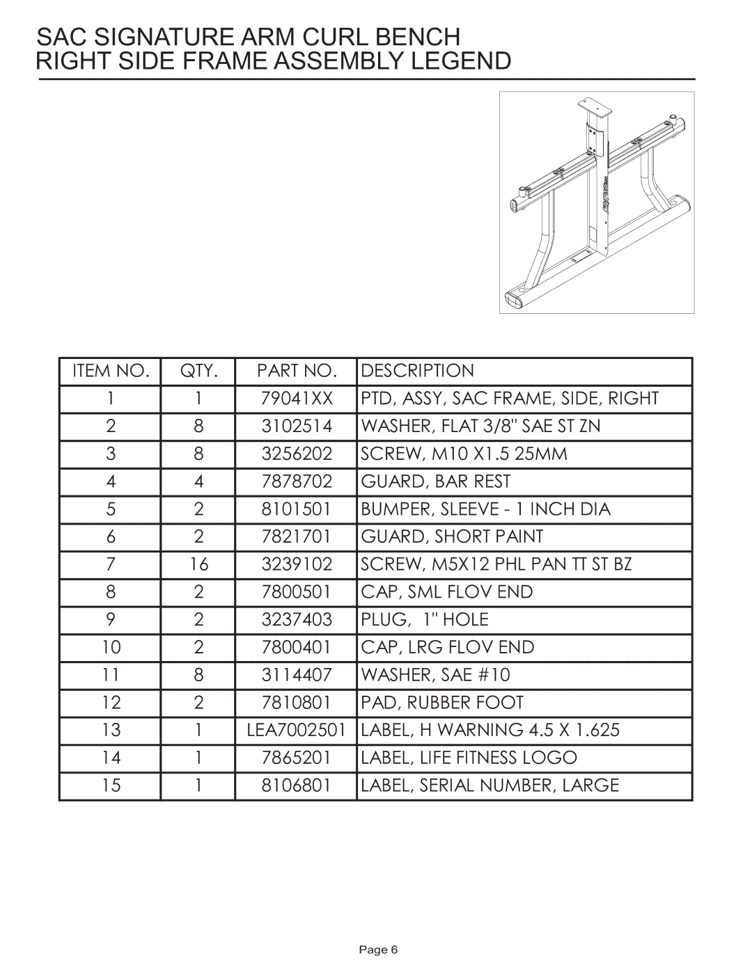 Life Fitness SAC manual Item no QTY Description 