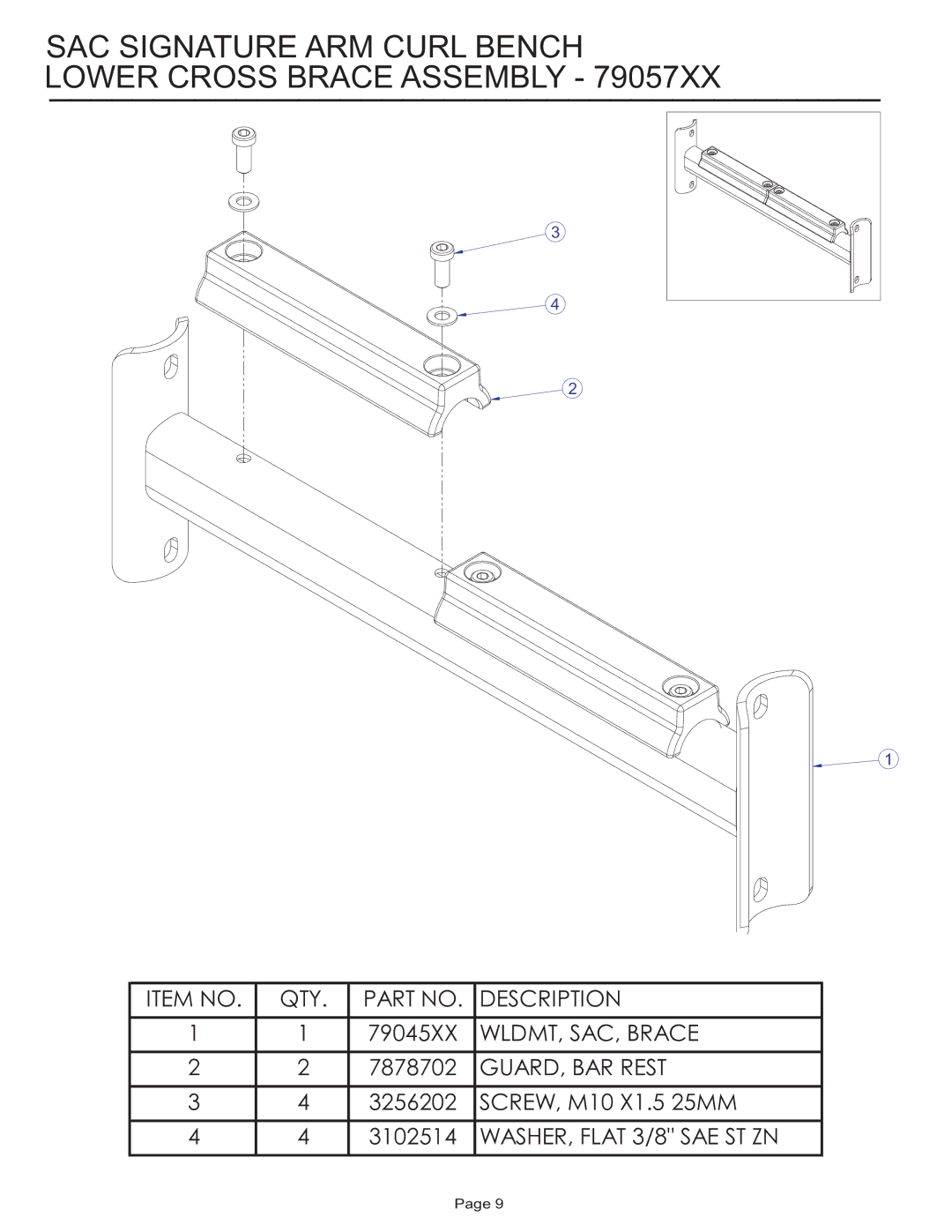 Life Fitness manual SAC Signature ARM Curl Bench Lower Cross Brace Assembly 