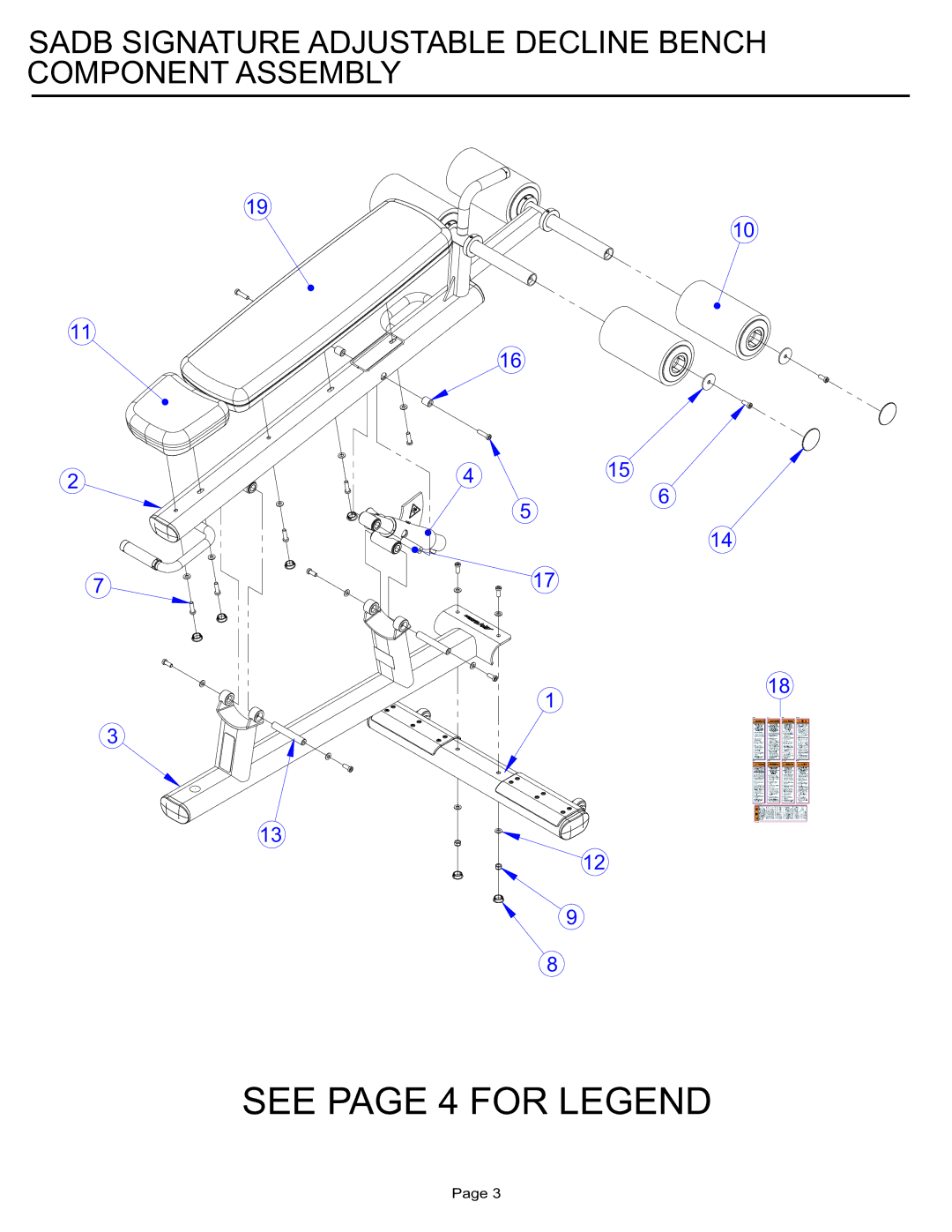 Life Fitness SADB manual See page 4 for Legend, Sadb Signature Adjustable Decline Bench Component Assembly 