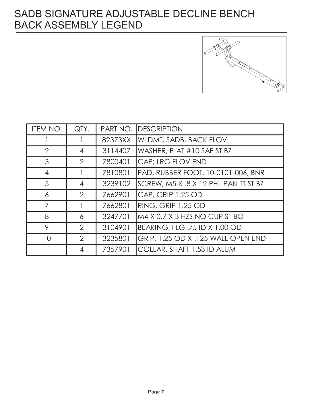 Life Fitness SADB manual Sadb Signature Adjustable Decline Bench Back Assembly Legend 