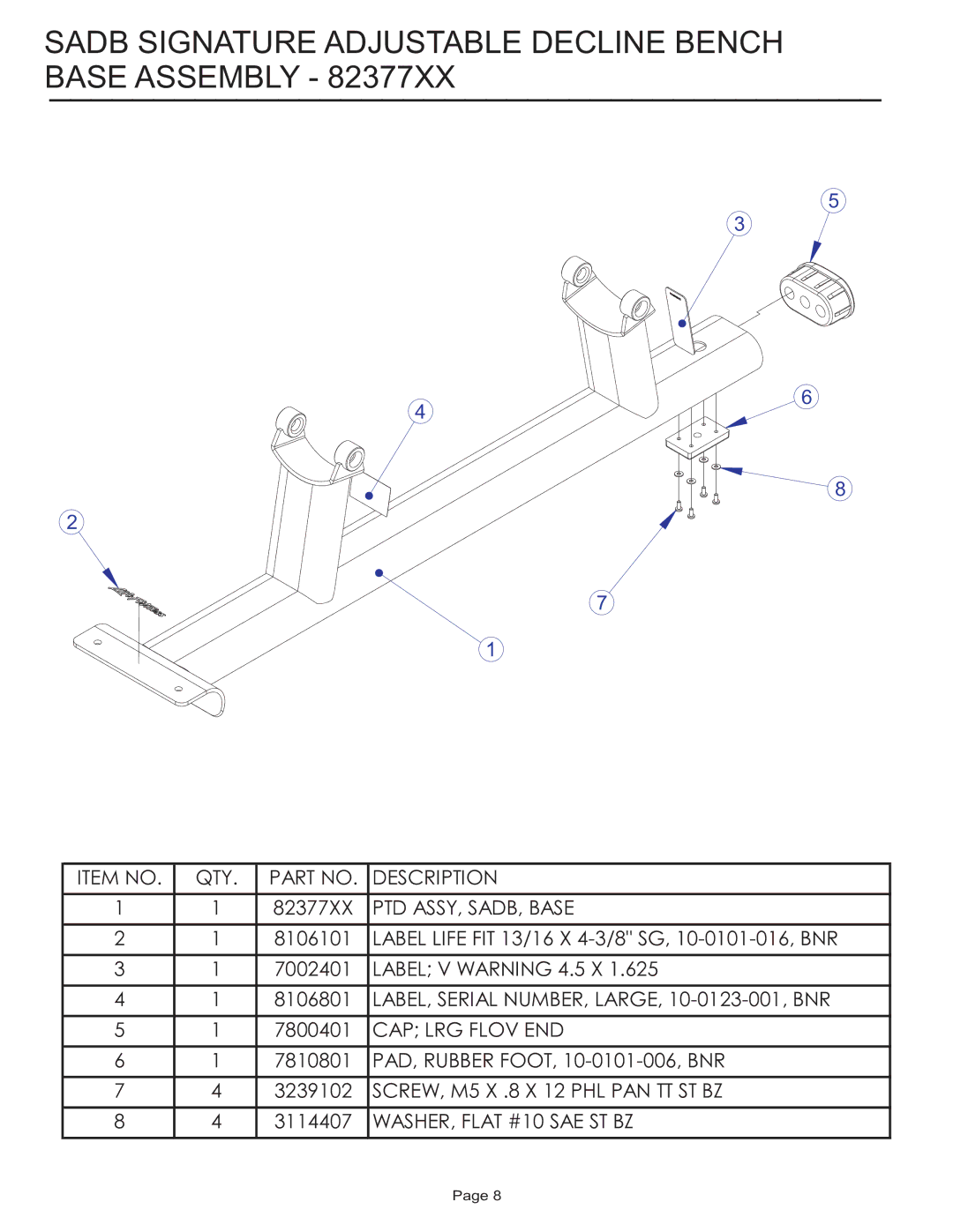 Life Fitness SADB manual Sadb Signature Adjustable Decline Bench Base Assembly 