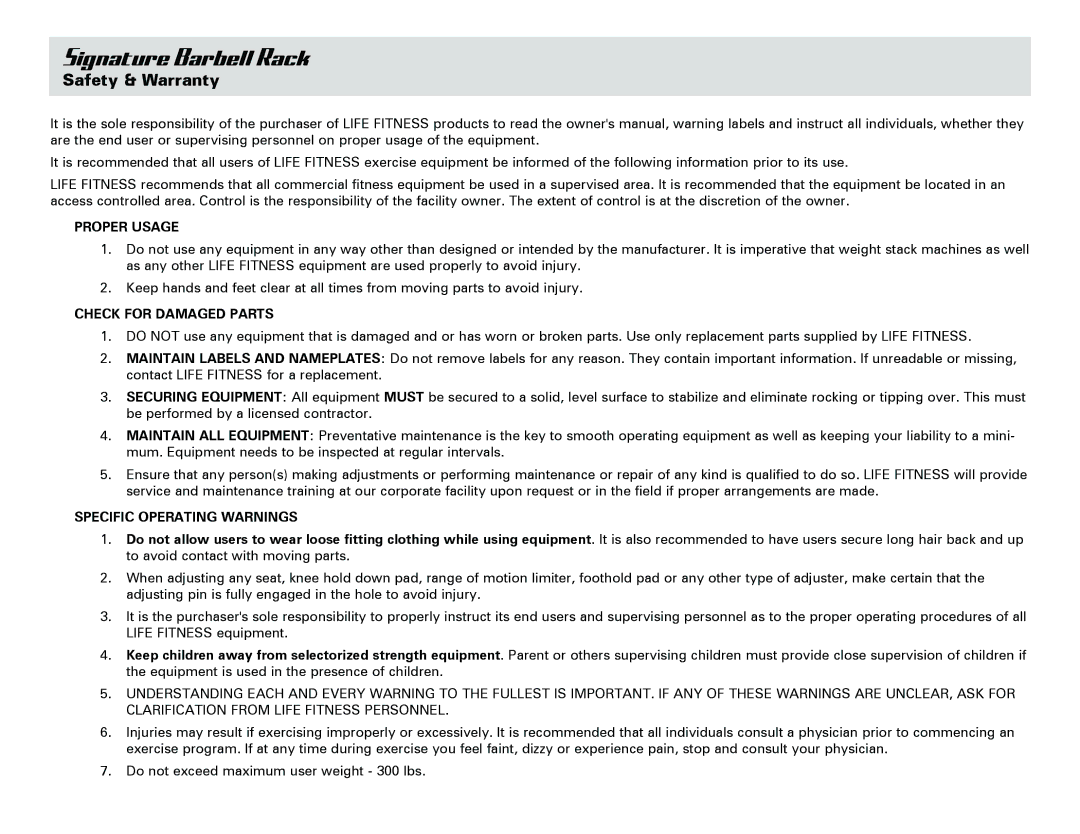 Life Fitness SBBR owner manual Safety & Warranty, Proper Usage, Check for Damaged Parts, Specific Operating Warnings 