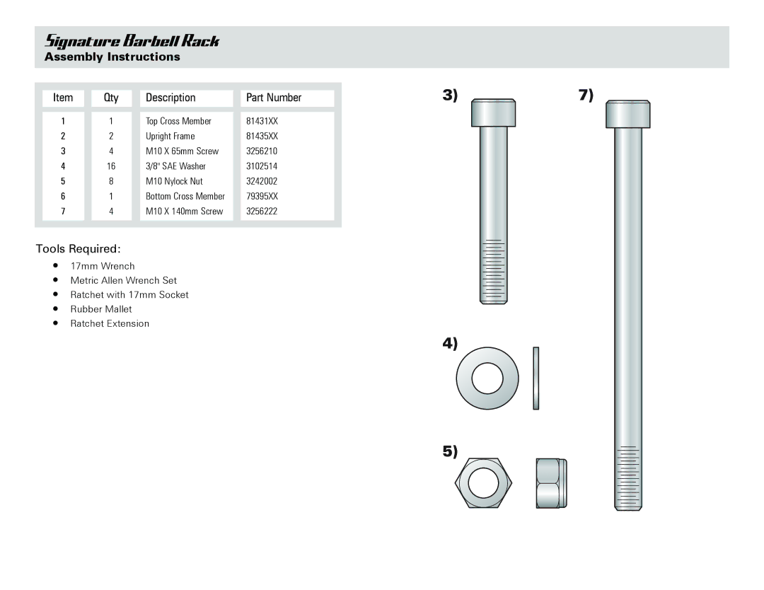 Life Fitness SBBR owner manual Assembly Instructions, Qty Description Part Number 