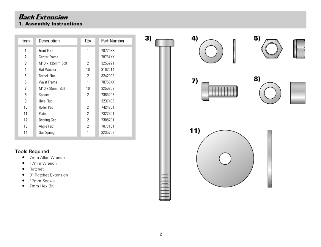 Life Fitness SBWBE owner manual Back Extension, Assembly Instructions 