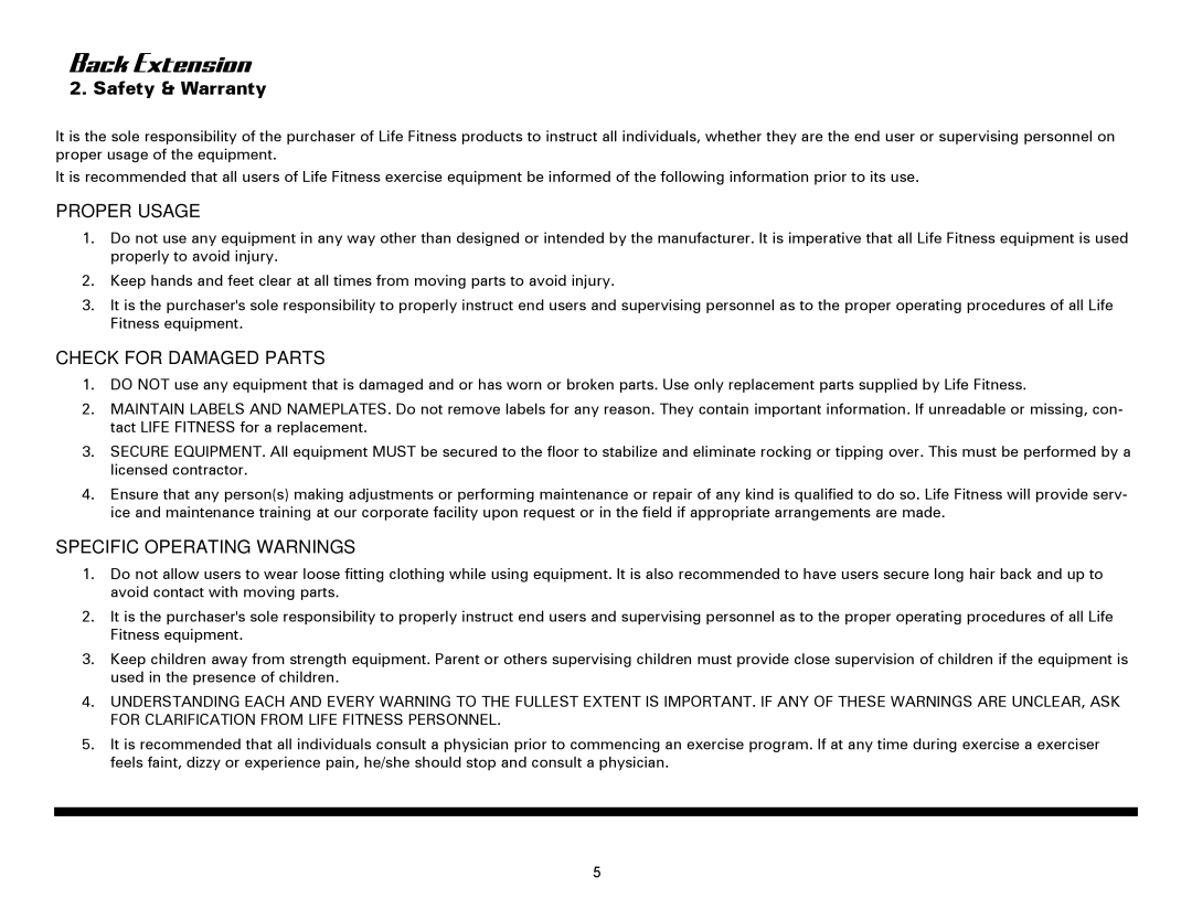 Life Fitness SBWBE owner manual Safety & Warranty, Proper Usage 