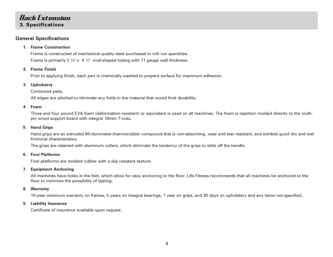 Life Fitness SBWBE owner manual Specifications General Specifications, Frame Construction 