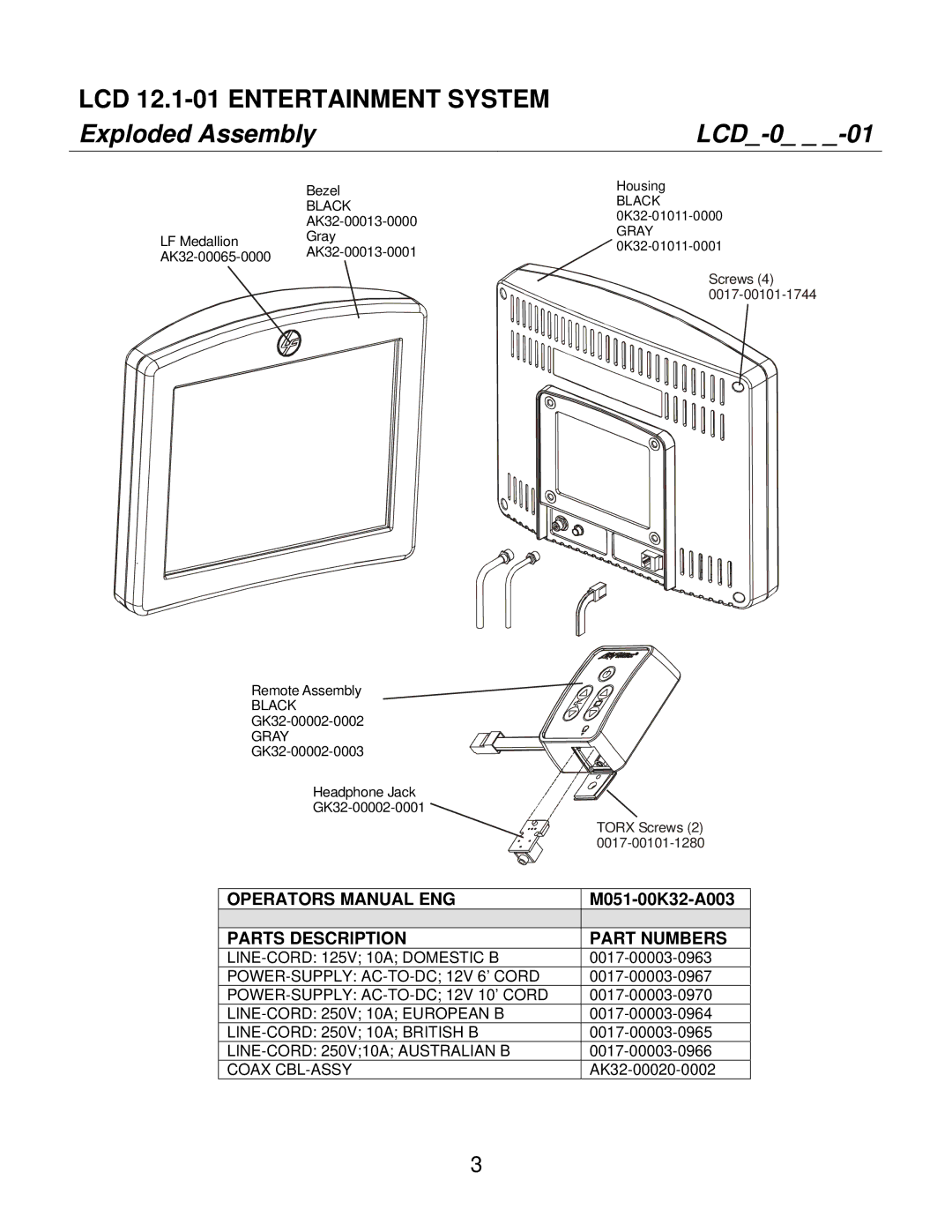 Life Fitness SC85, SC95, SC91 manual Exploded Assembly LCD-0, Gray 