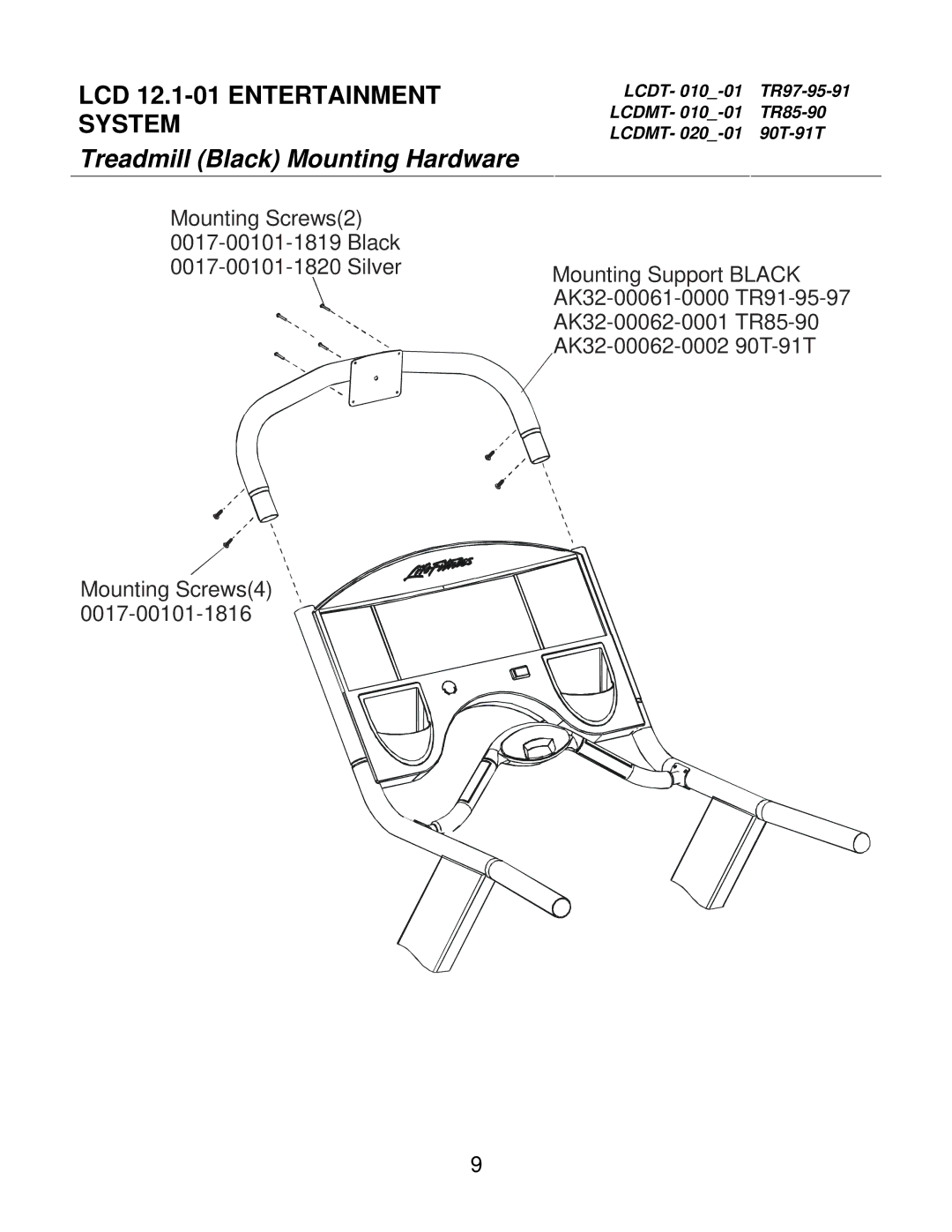 Life Fitness SC85, SC95, SC91 manual Treadmill Black Mounting Hardware 