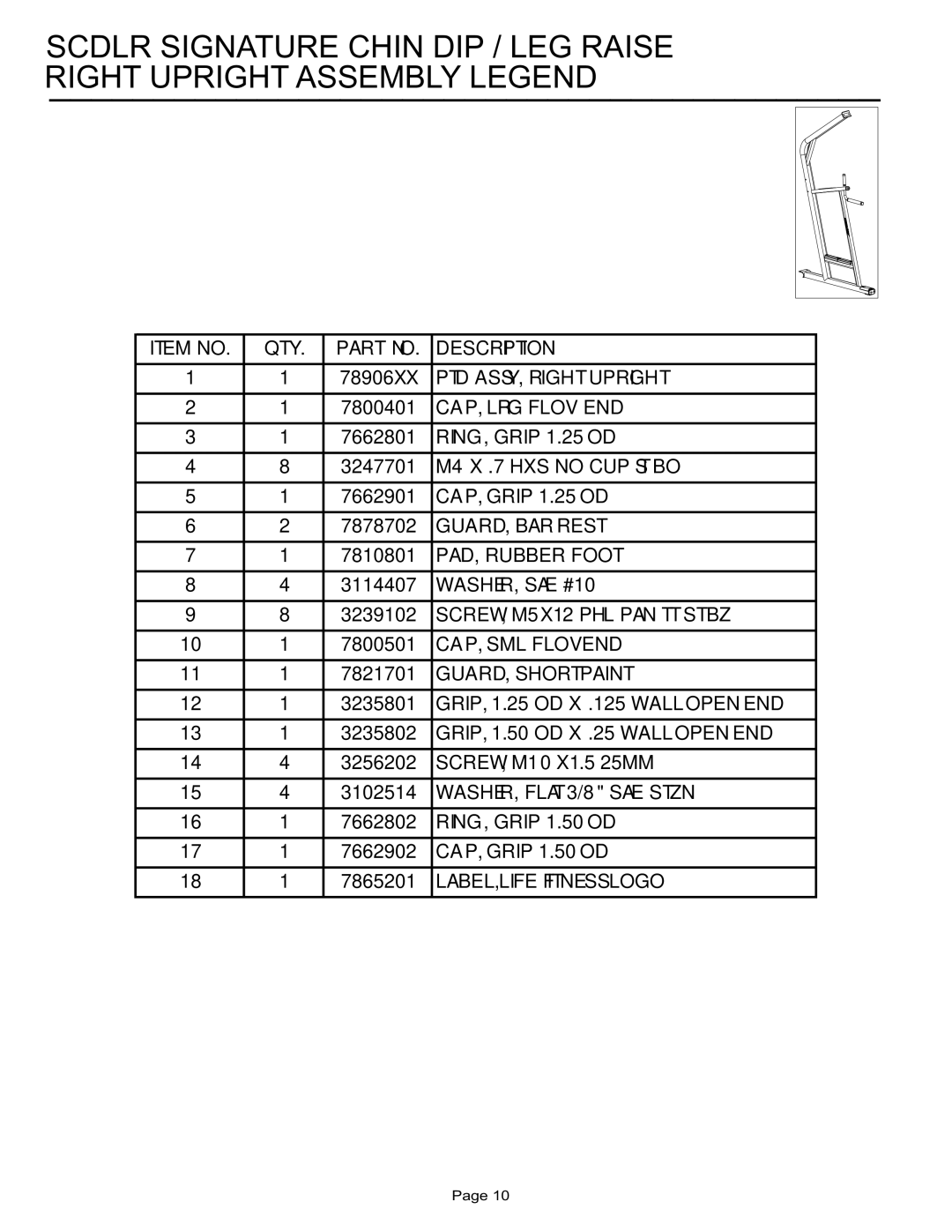 Life Fitness SCDLR manual Item no QTY Description 