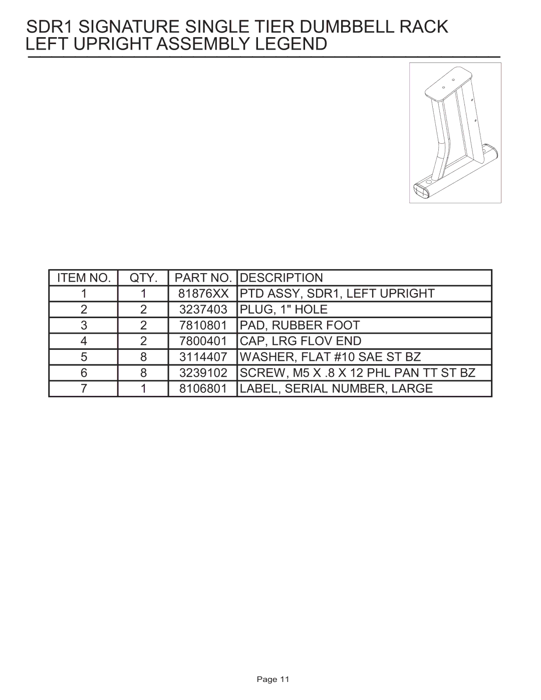 Life Fitness SDR1 manual Item no QTY Description 