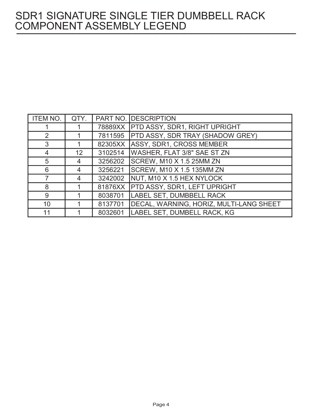 Life Fitness SDR1 manual Item no QTY Description 