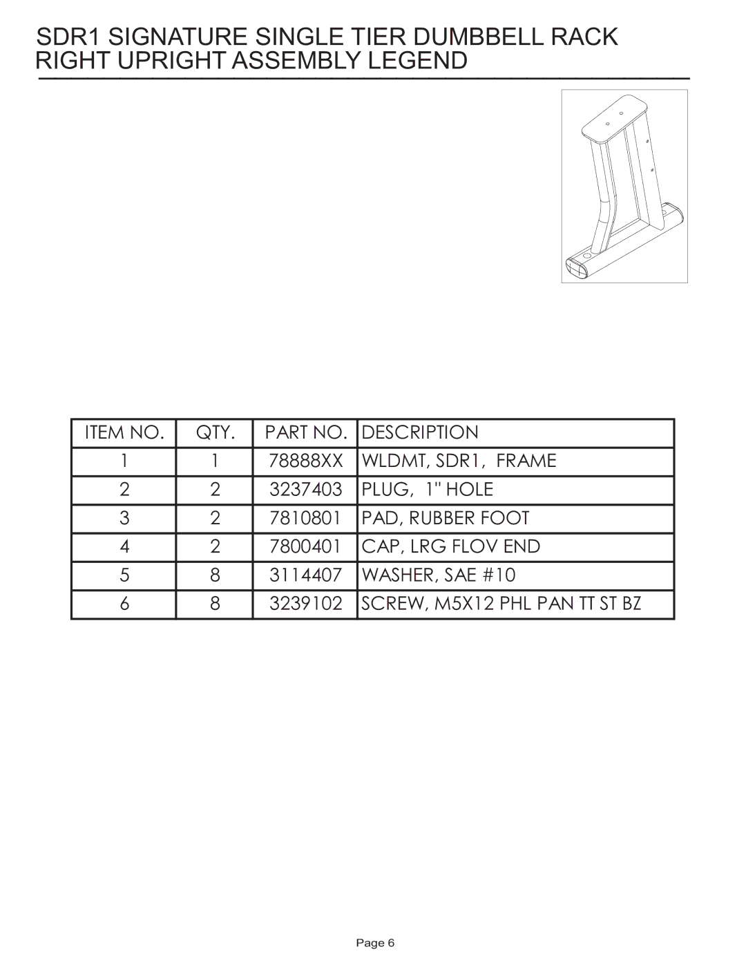 Life Fitness SDR1 manual Item no QTY Description 