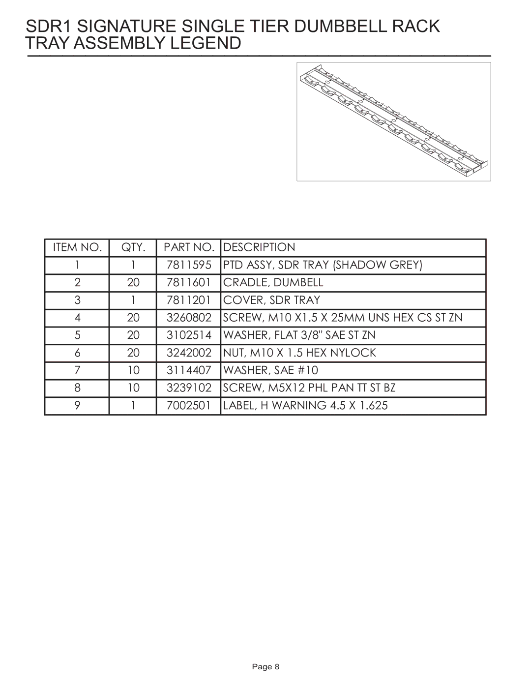 Life Fitness SDR1 manual Item no QTY Description 